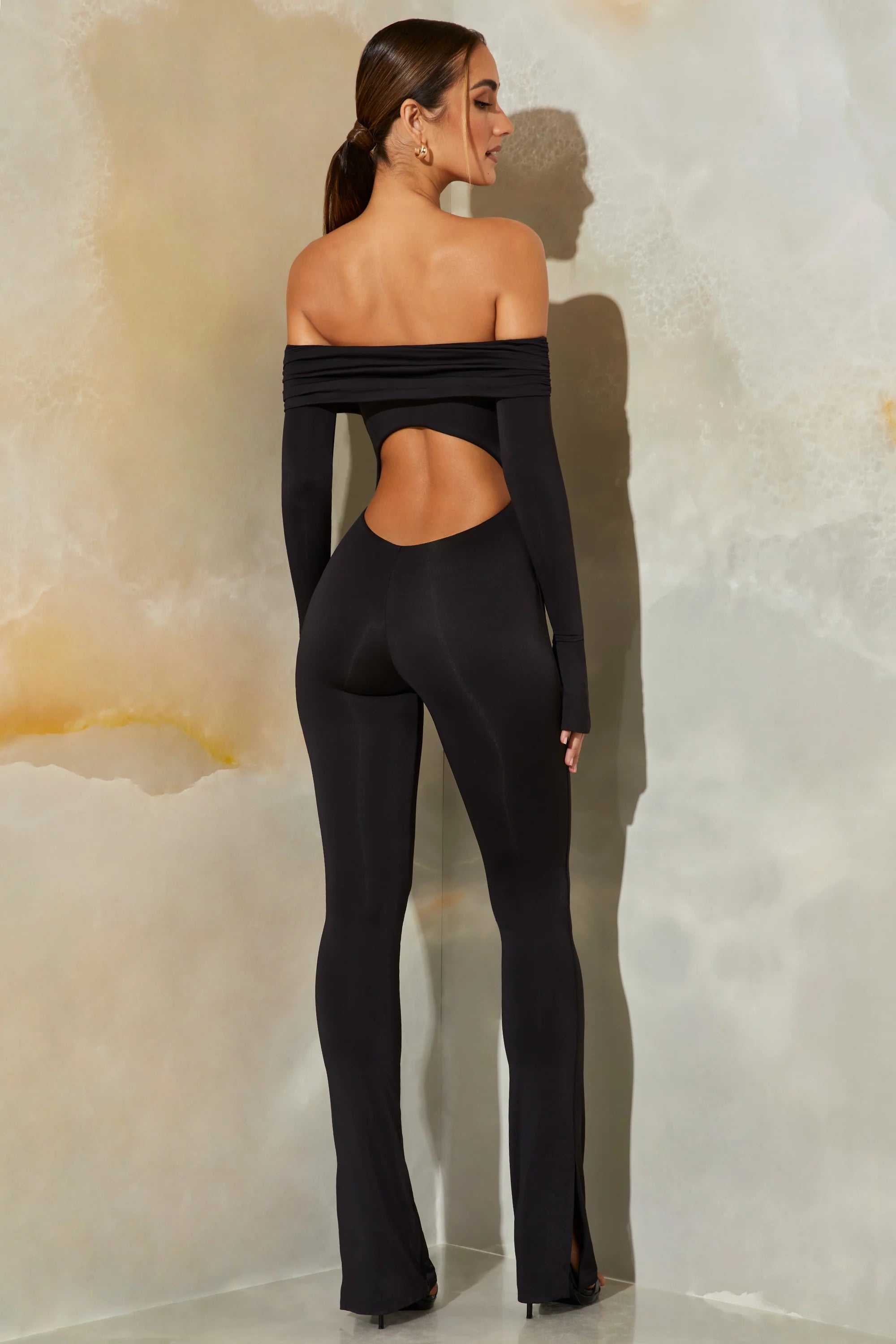 Long Sleeve Open Back Jumpsuit in Black