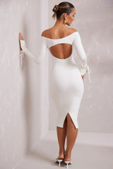 Long Sleeve Off The Shoulder Midi Dress in White