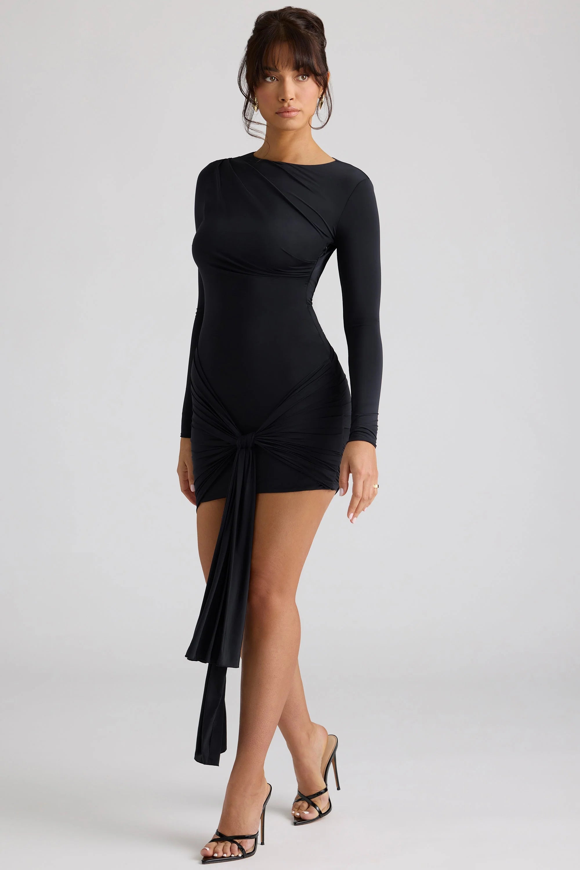 Long Sleeve Draped Mini Dress in Black