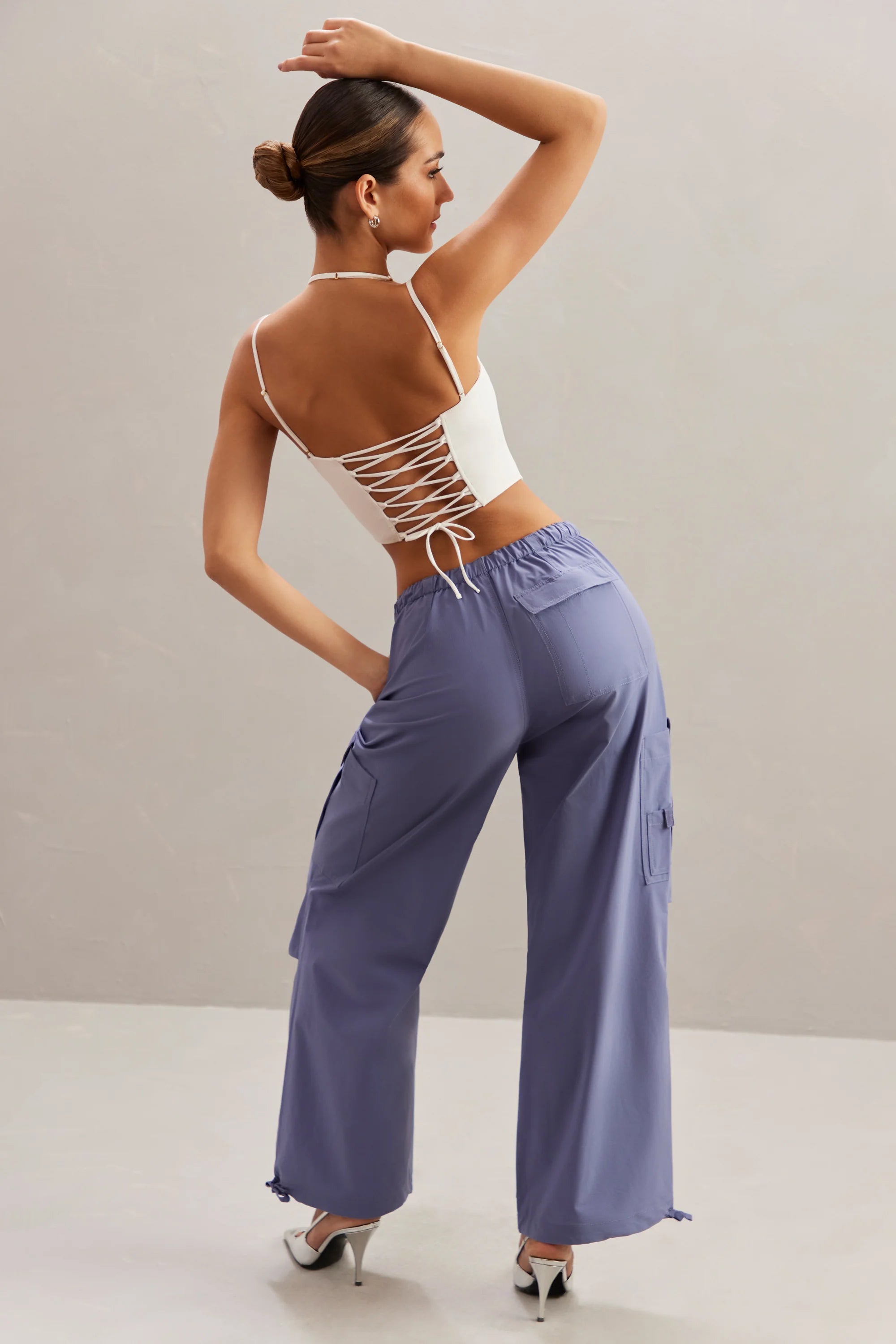 Wide Leg Cargo Trousers in Dusty Blue