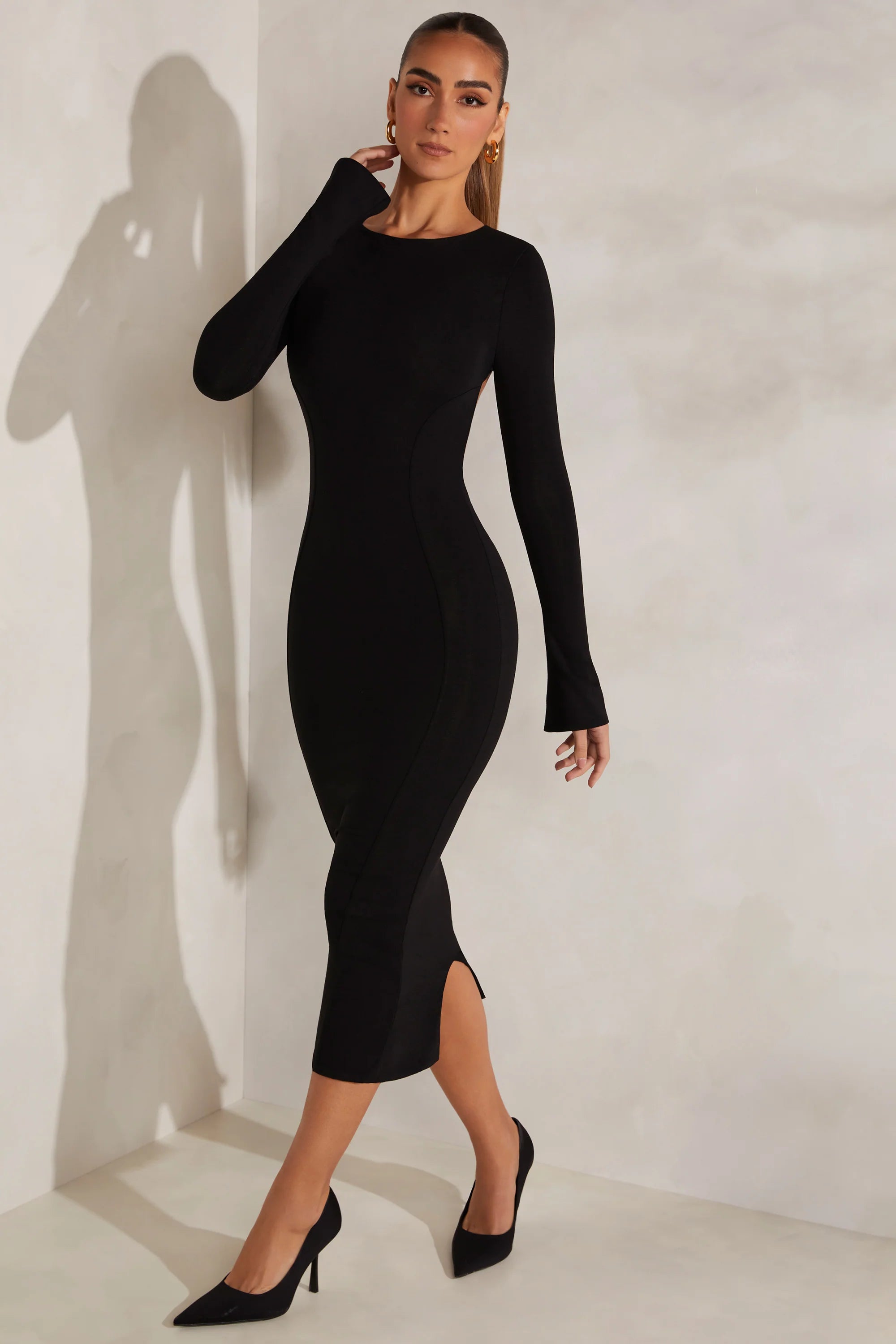 High Neck Long Sleeve Open Back Midaxi Dress in Black