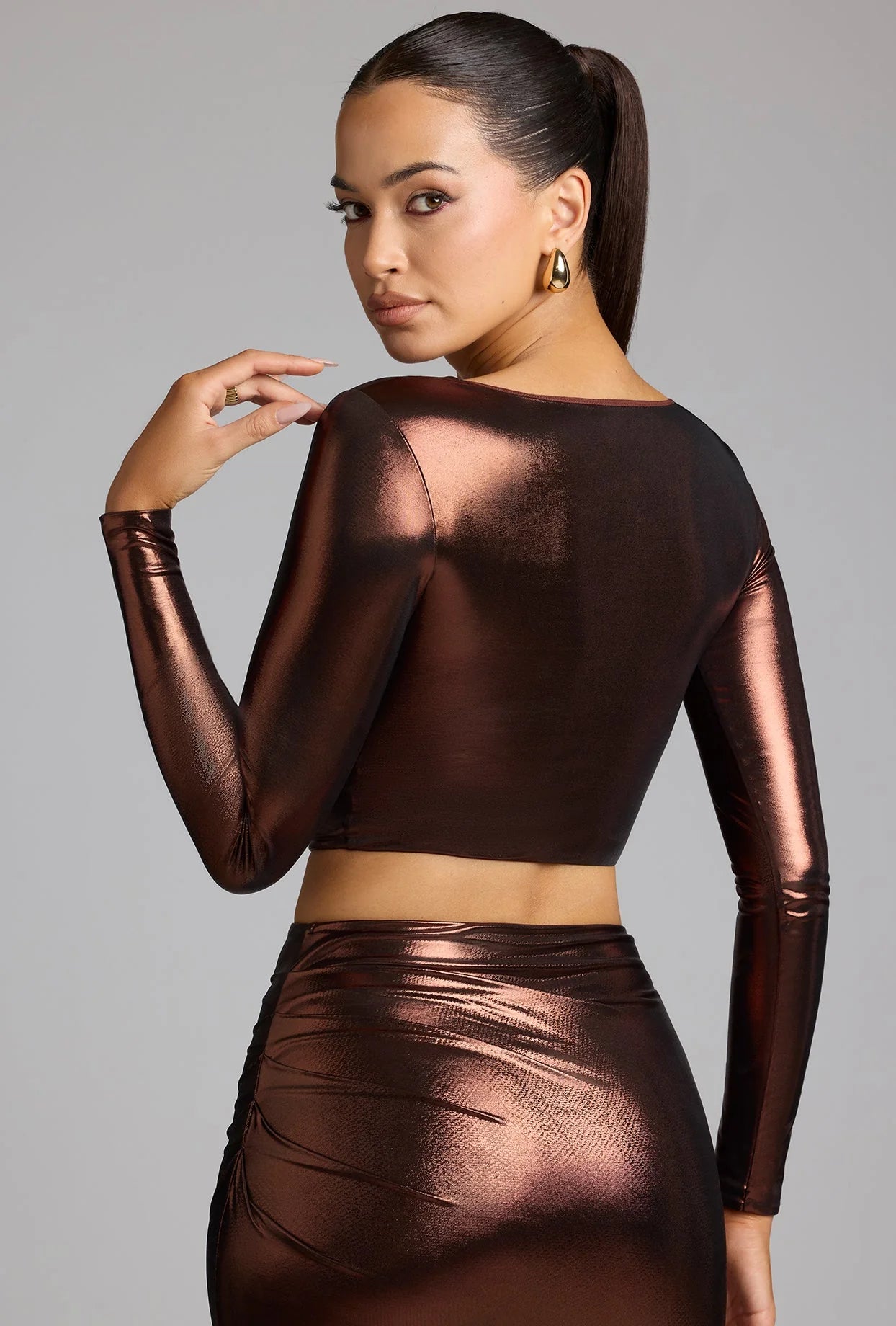 Plunge Neck Metallic Jersey Crop Top in Copper Bronze