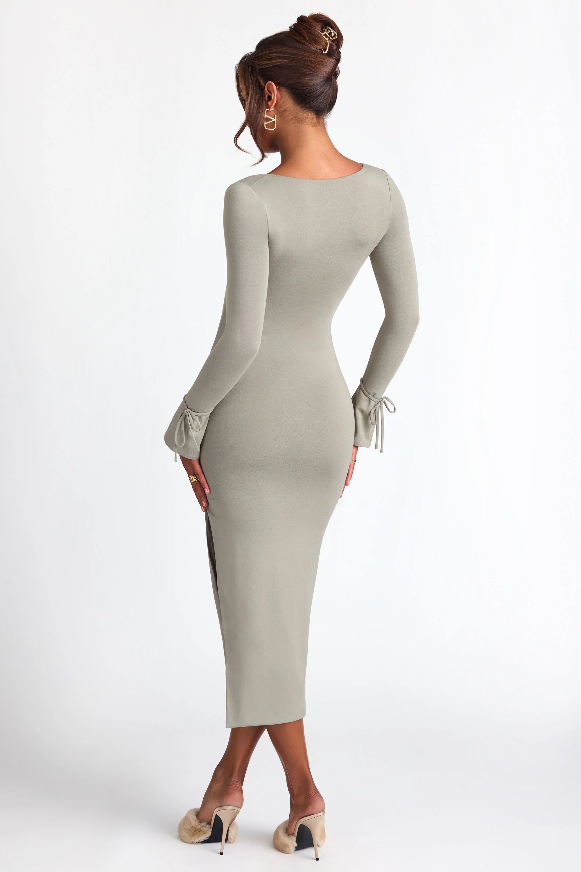 Modal Square Neck Long Sleeve Midaxi Dress in Sage Green