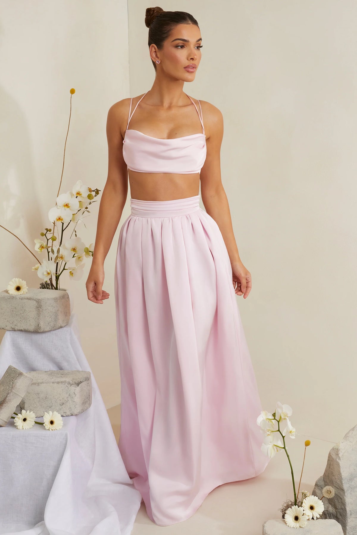 Pleated Heavy Satin Maxi Skirt in Pink