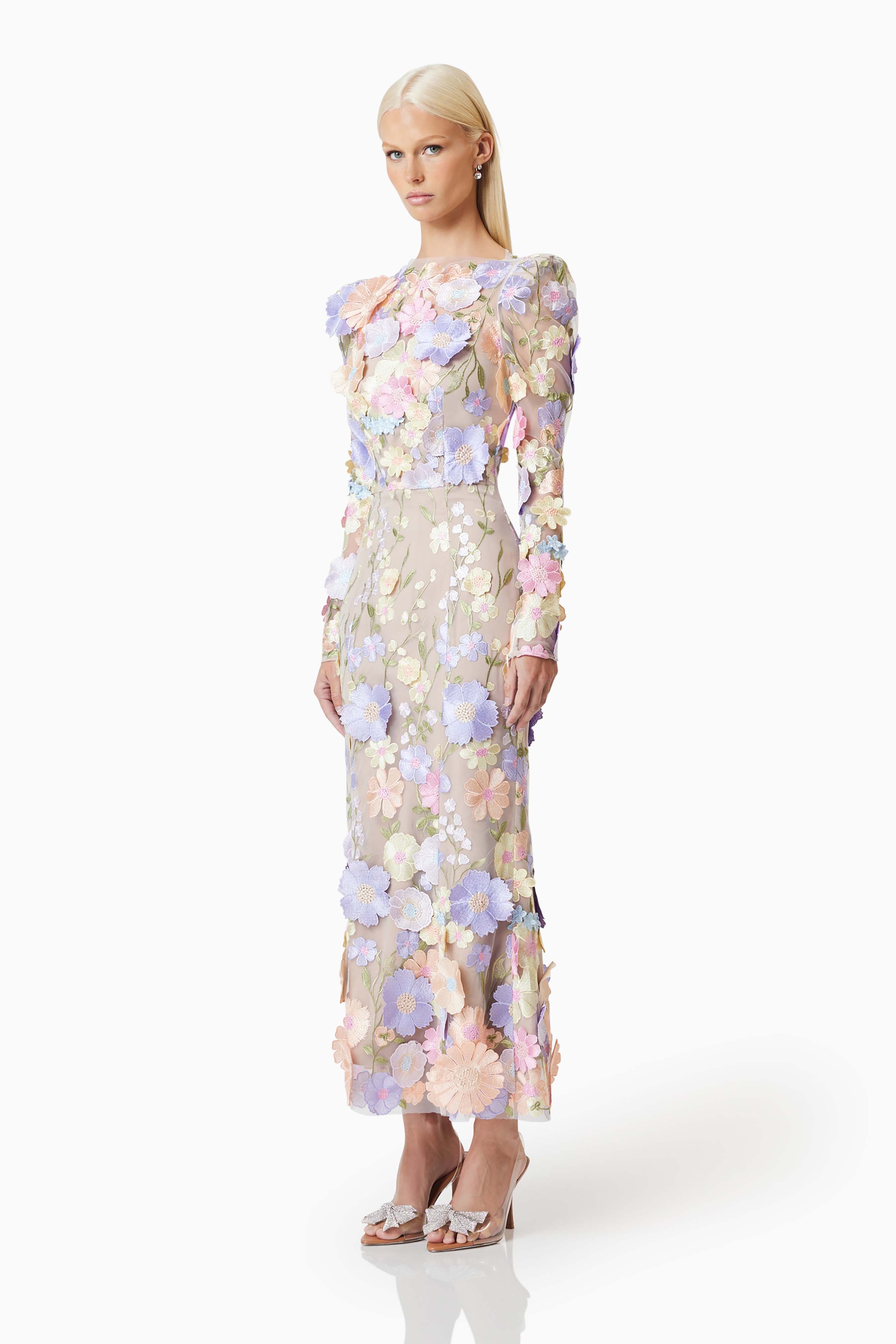 blonde model wearing Shannon 3D Floral Midi Dress In Pastel side shot