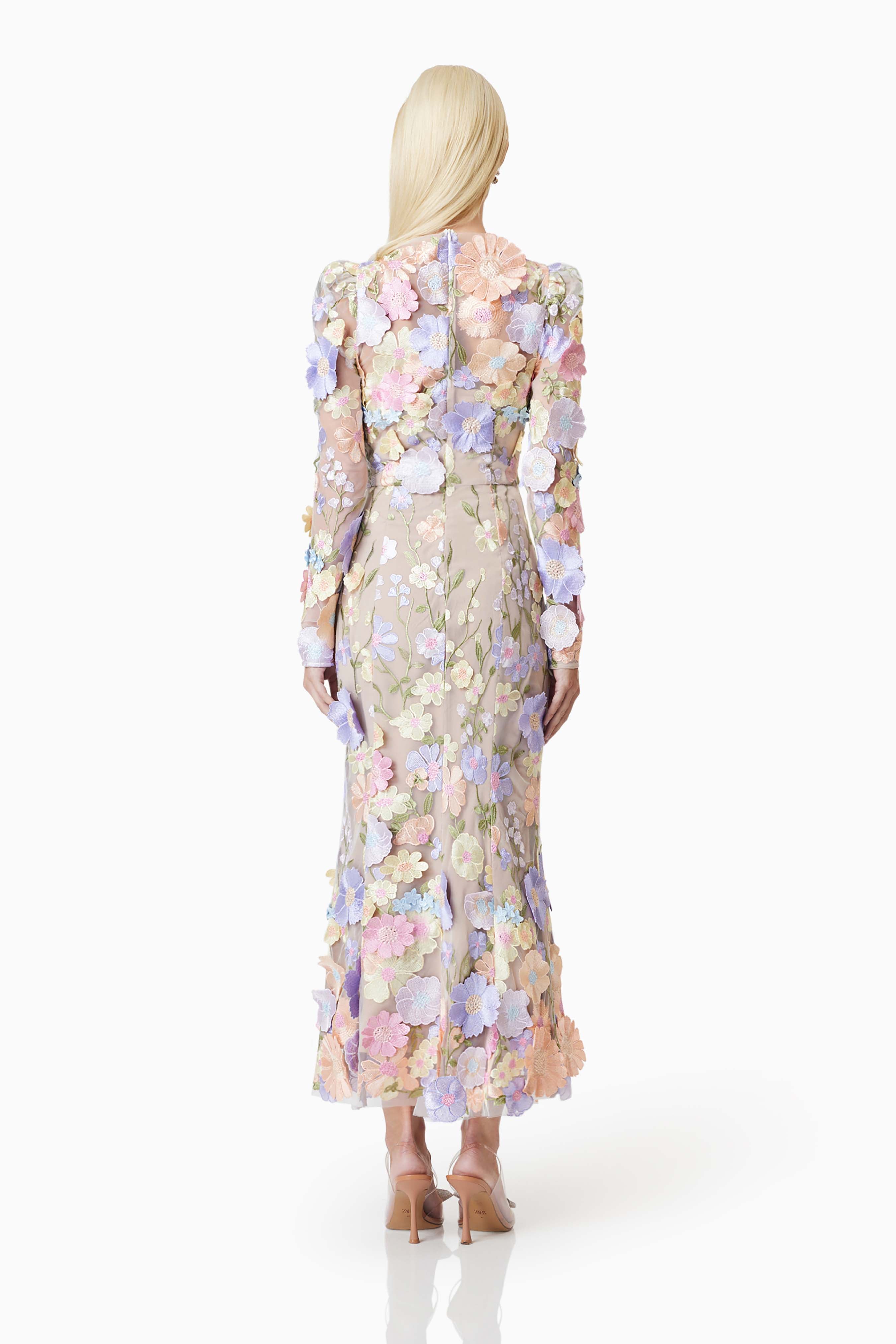 blonde model wearing Shannon 3D Floral Midi Dress In Pastel back shot