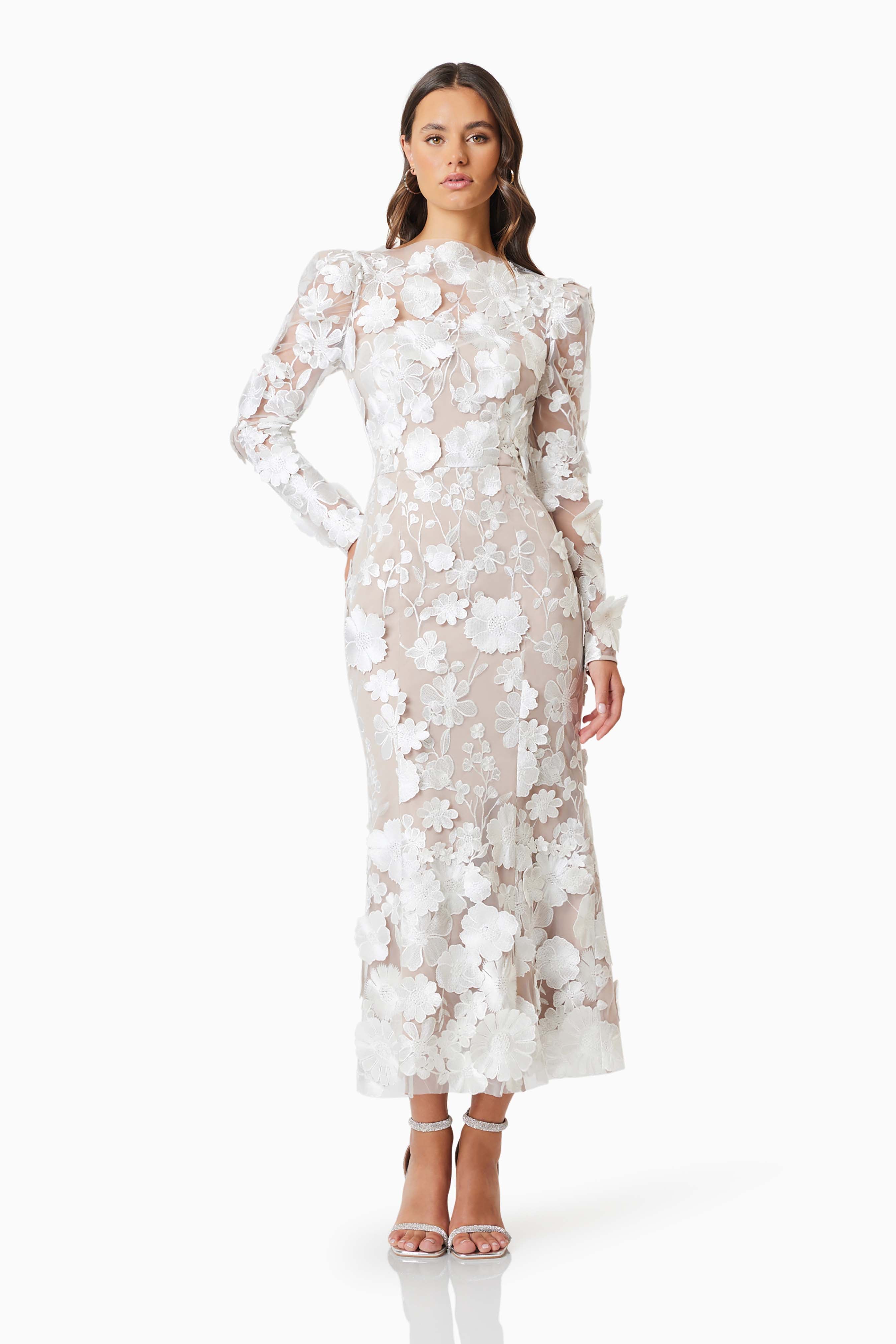 model wearing Shannon 3D Floral Midi Dress In White front shot