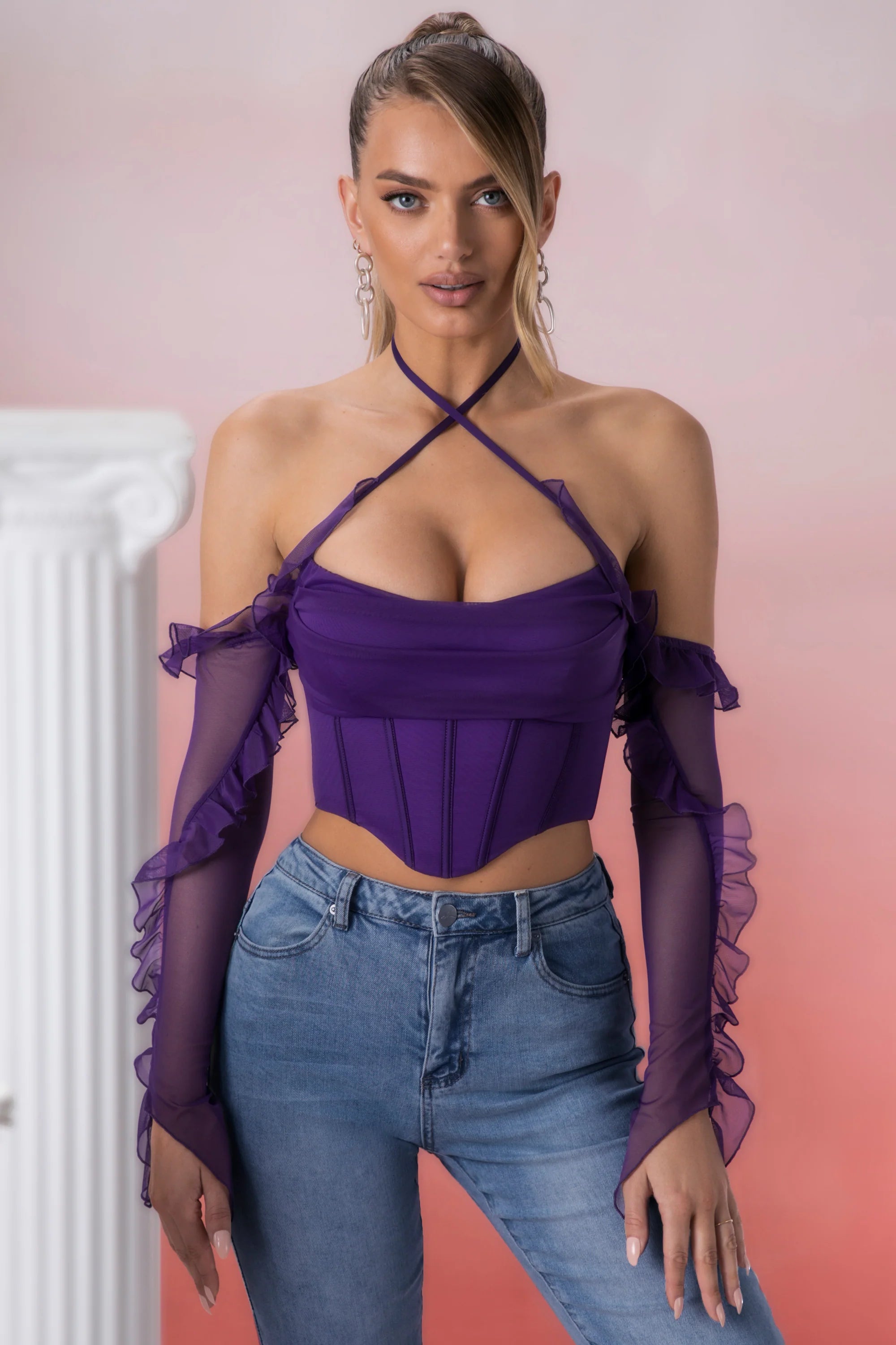 Frill Detail Cowl Neck Crop Top in Violet