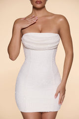 Embellished Strapless Cowl Neck Mini Dress in Ivory