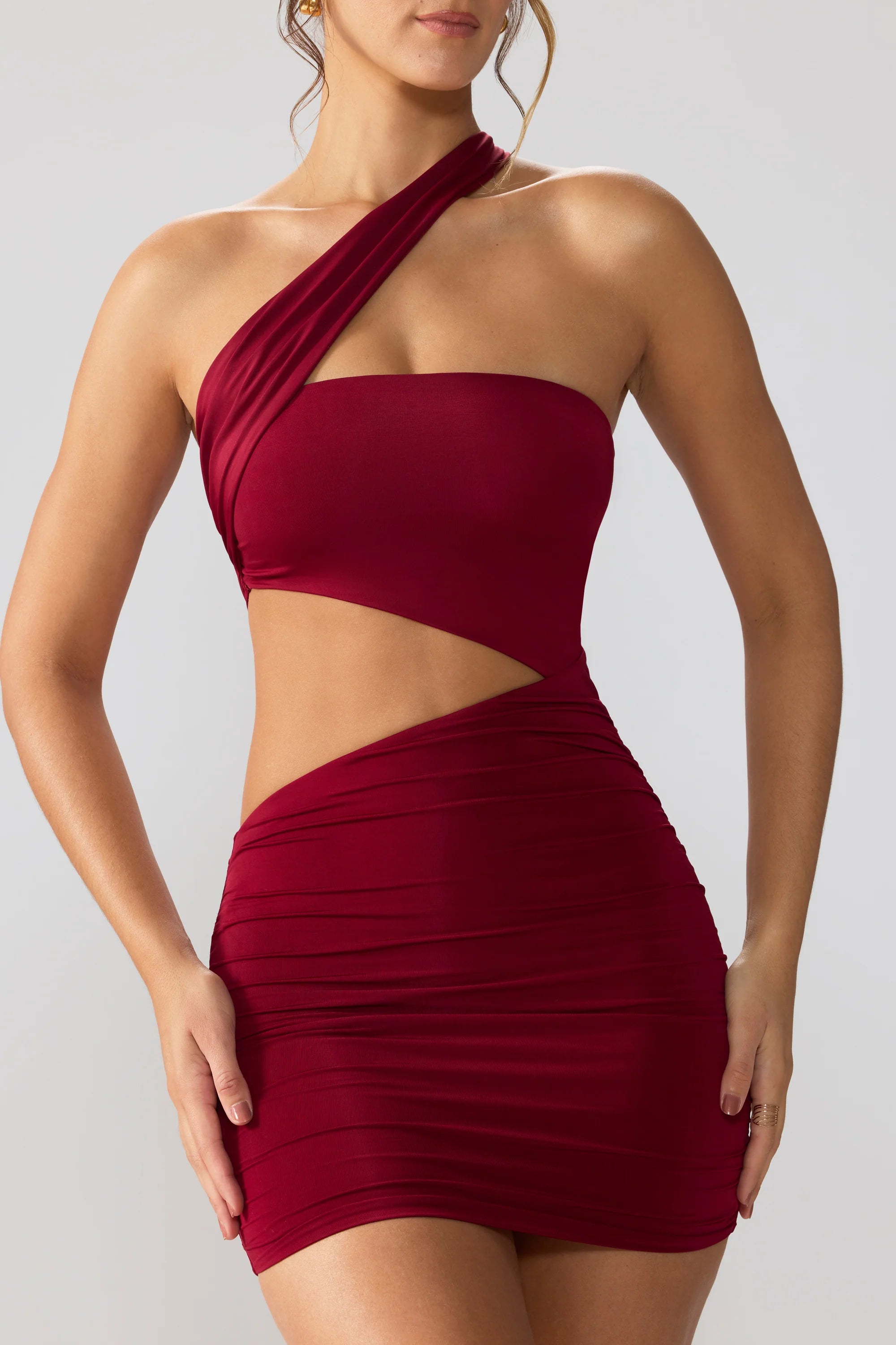 Slinky Jersey Ruched Cut Out Mini Dress in Ruby