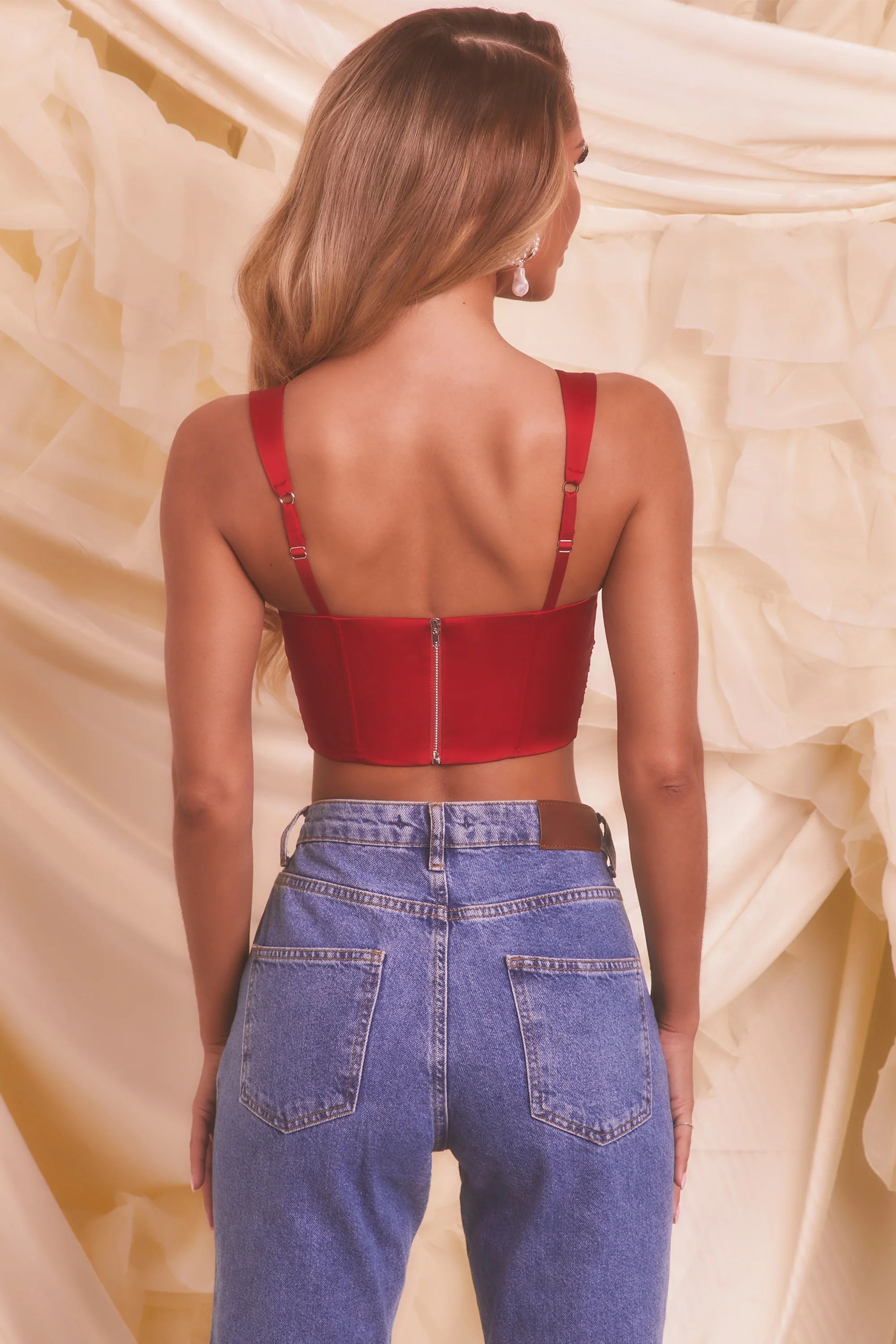 Satin Mesh Bustier Crop Top in Red