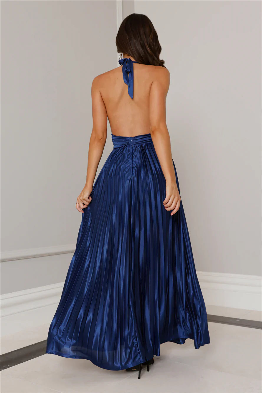 Shimmering Sea Pleated Halter Maxi Dress Navy