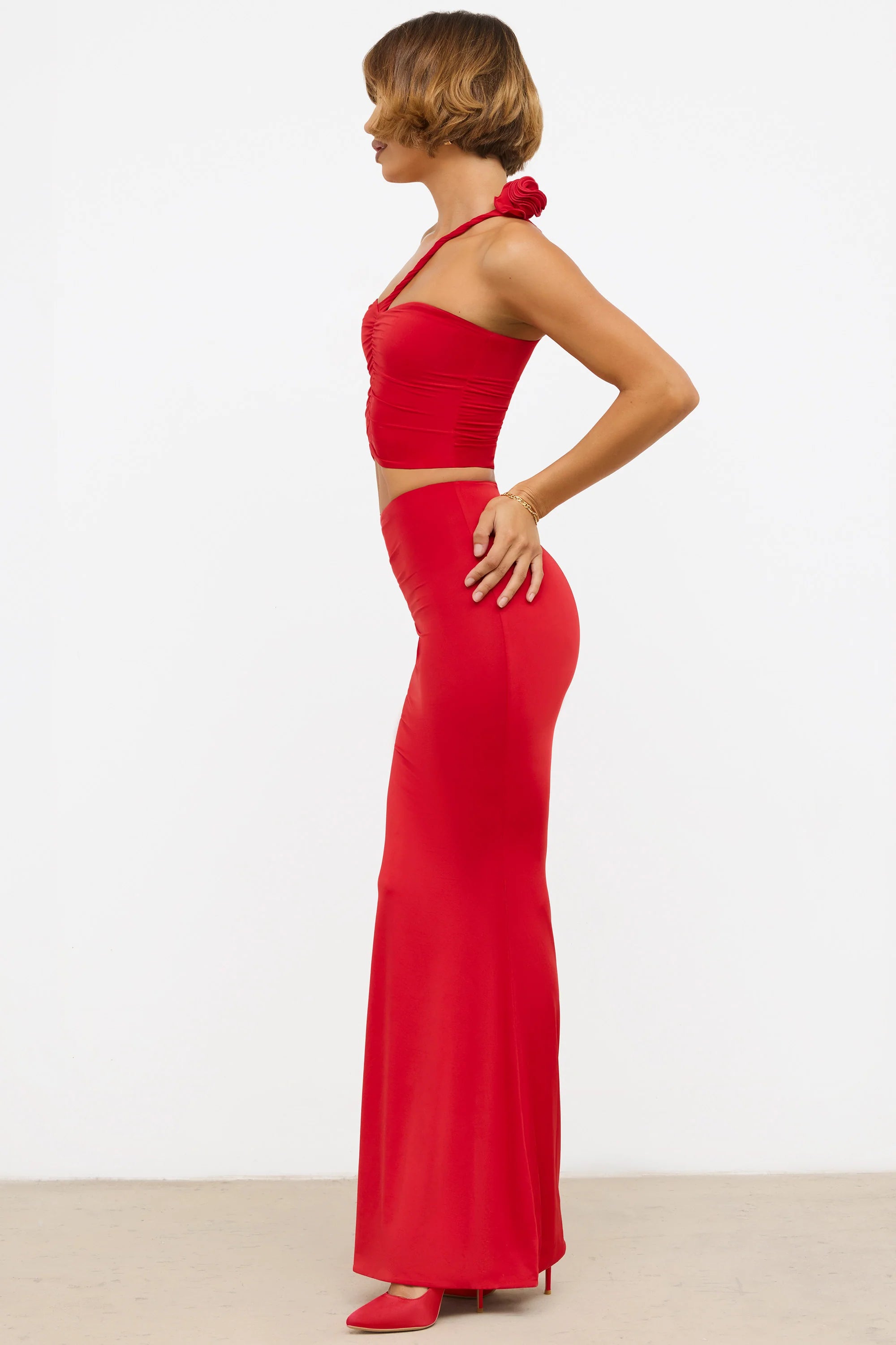 Slinky Jersey Rose Detail Mid-Rise Maxi Skirt in Scarlet Red