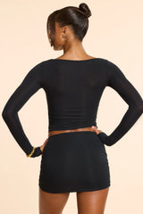 Long Sleeve Straight Neck Ruched Modal Cashmere Blend Top in Black