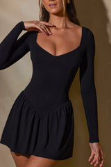 Long Sleeve Layered A-Line Mini Dress in Black