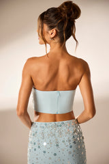 Von Hand verziertes Bandeau-Korsett-Crop-Top in Blau