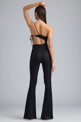 Metallic Ruched Cut-Out Flared Jumpsuit in Black