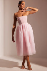 Abito midi con gonna in tulle con corsetto decorato color cipria