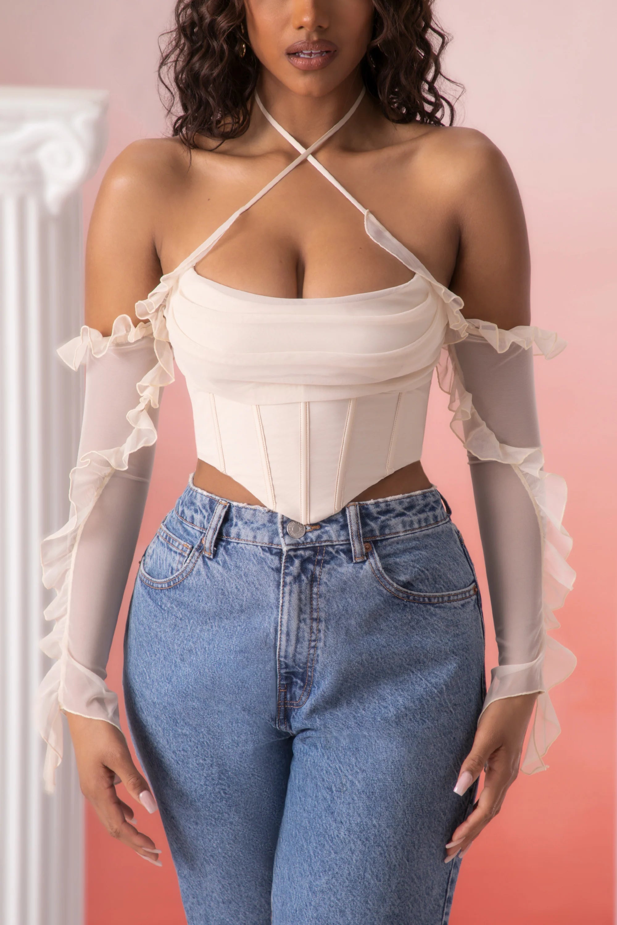 Frill Detail Cowl Neck Crop Top in Stone