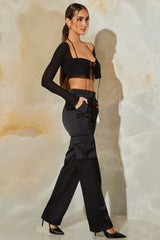 Satin Straight Leg Cargo Trousers in Black