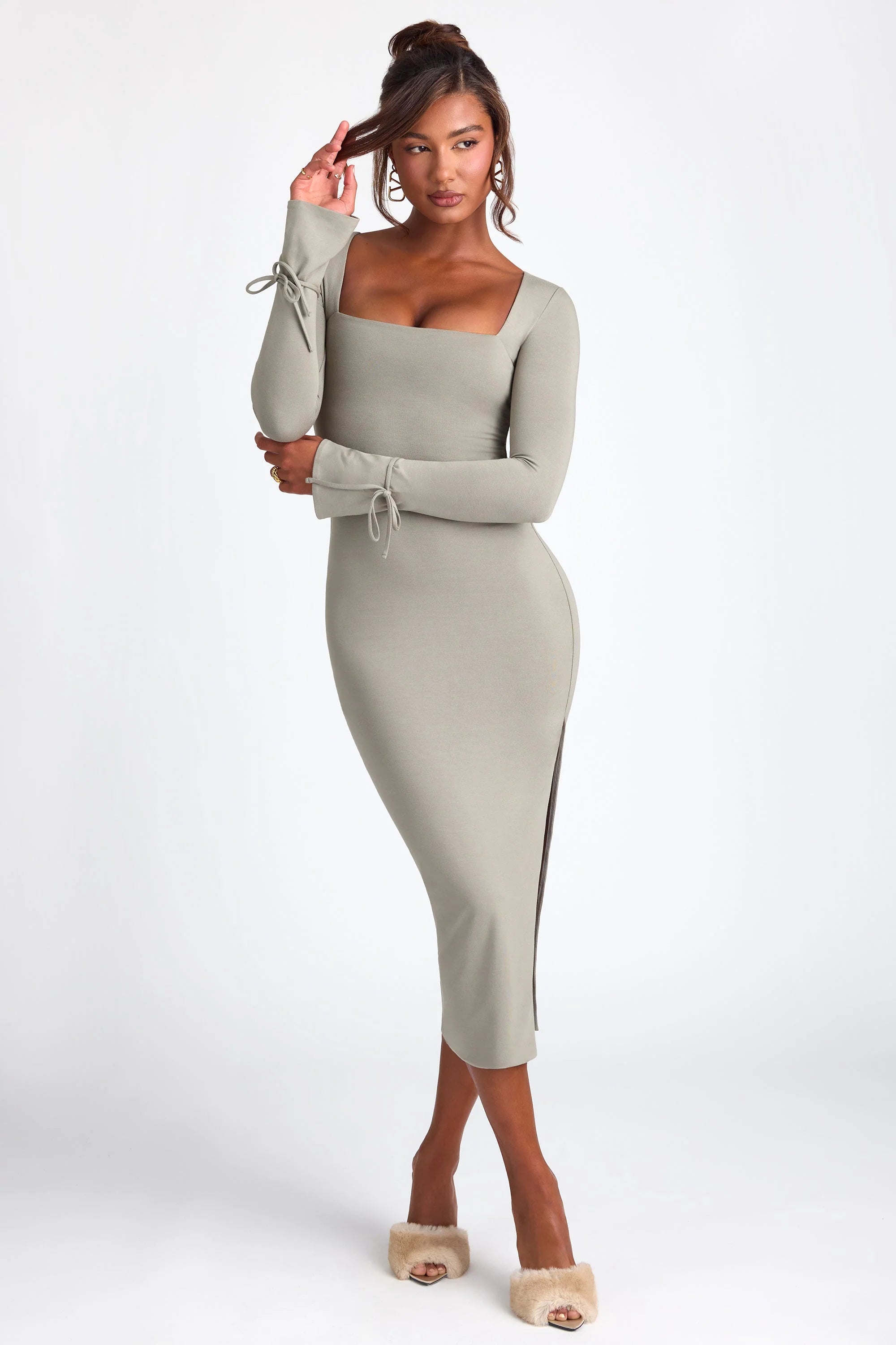 Modal Square Neck Long Sleeve Midaxi Dress in Sage Green