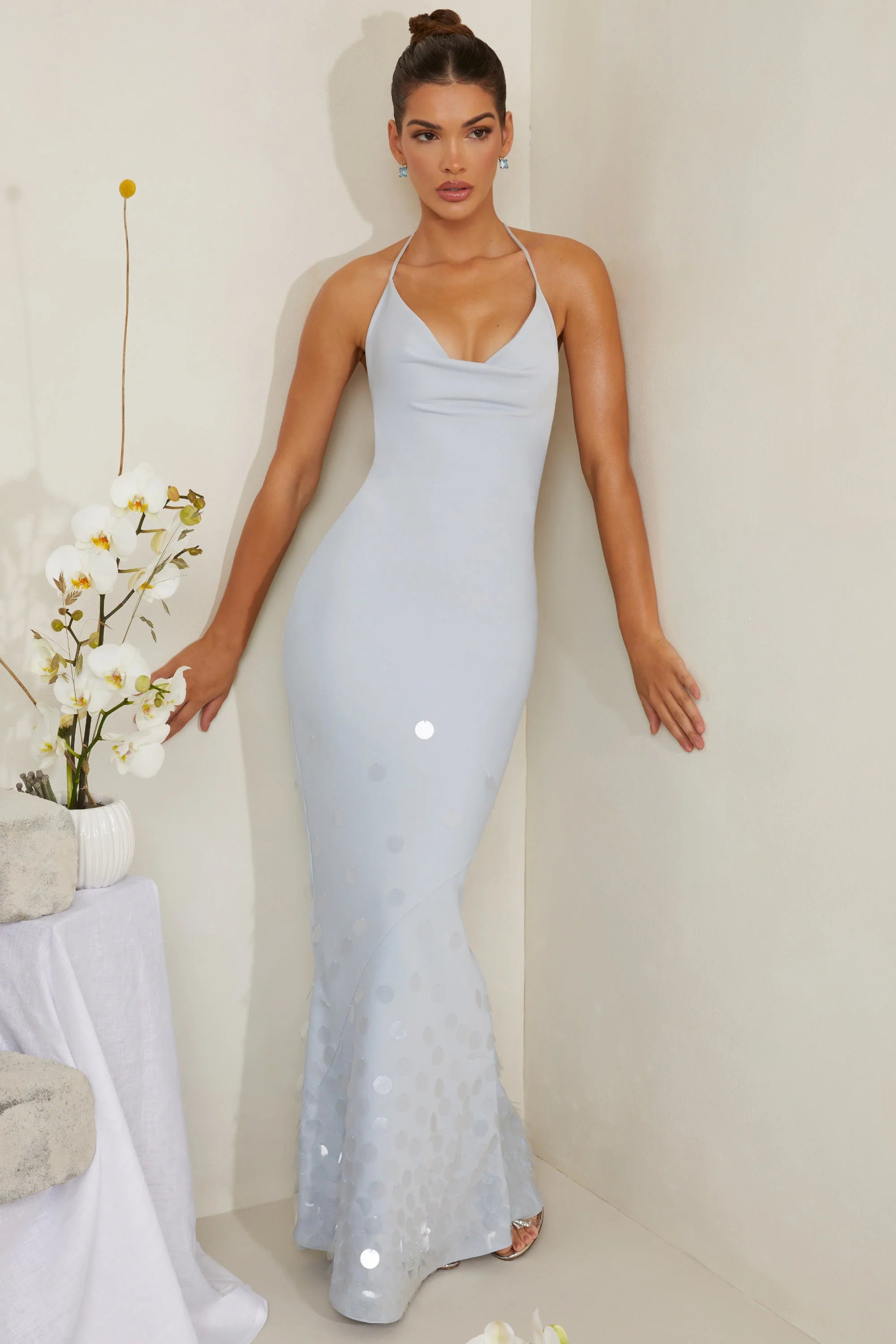 Cowl Neck Embellished Satin Maxi Dress in Blue