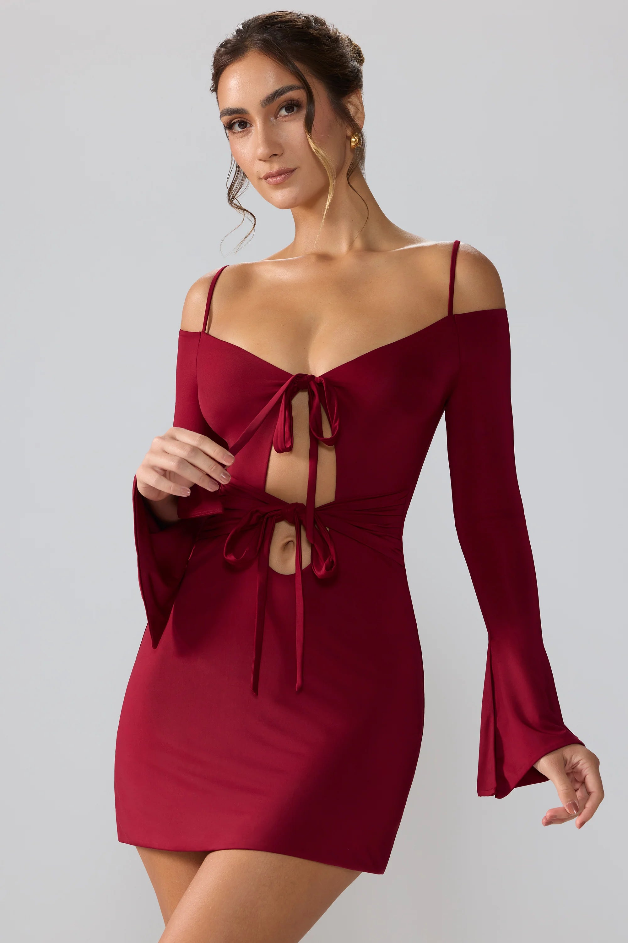 Slinky Jersey Long Sleeve Cut Out Mini Dress in Ruby