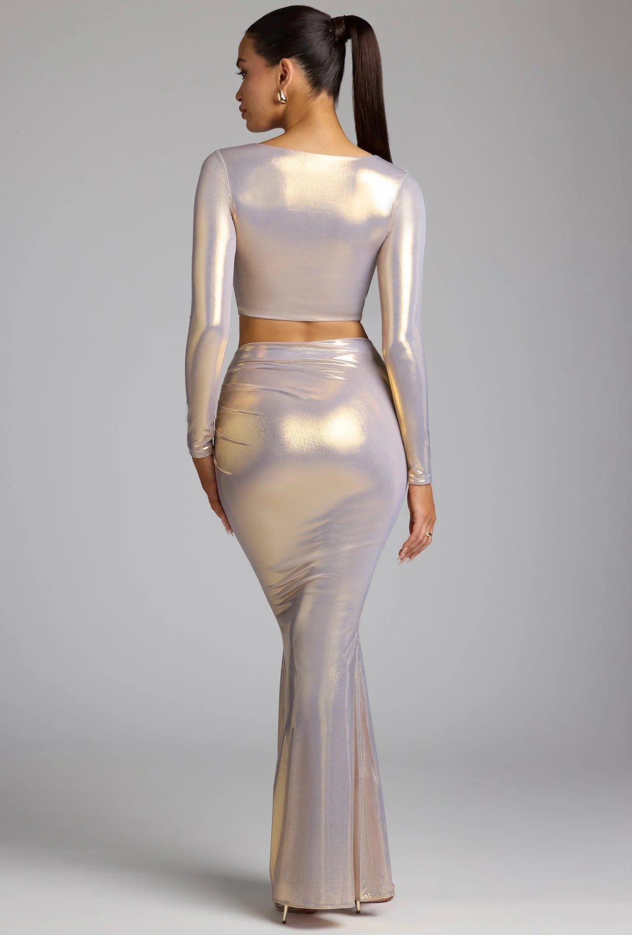 Plunge Neck Metallic Jersey Crop Top in Light Gold