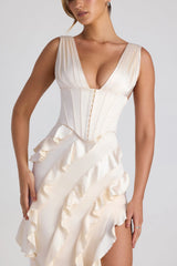 Ruffle-Trim Corset Maxi Dress in Ivory