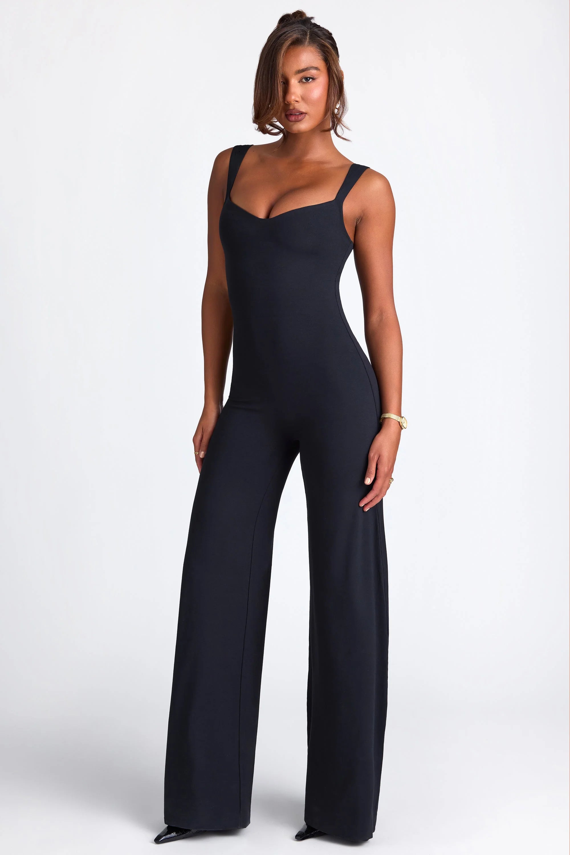 Modal Sweetheart Neckline Wide Leg Jumpsuit in Black