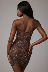 Sheer Embellished Bodycon Mini Dress in Deep Cocoa