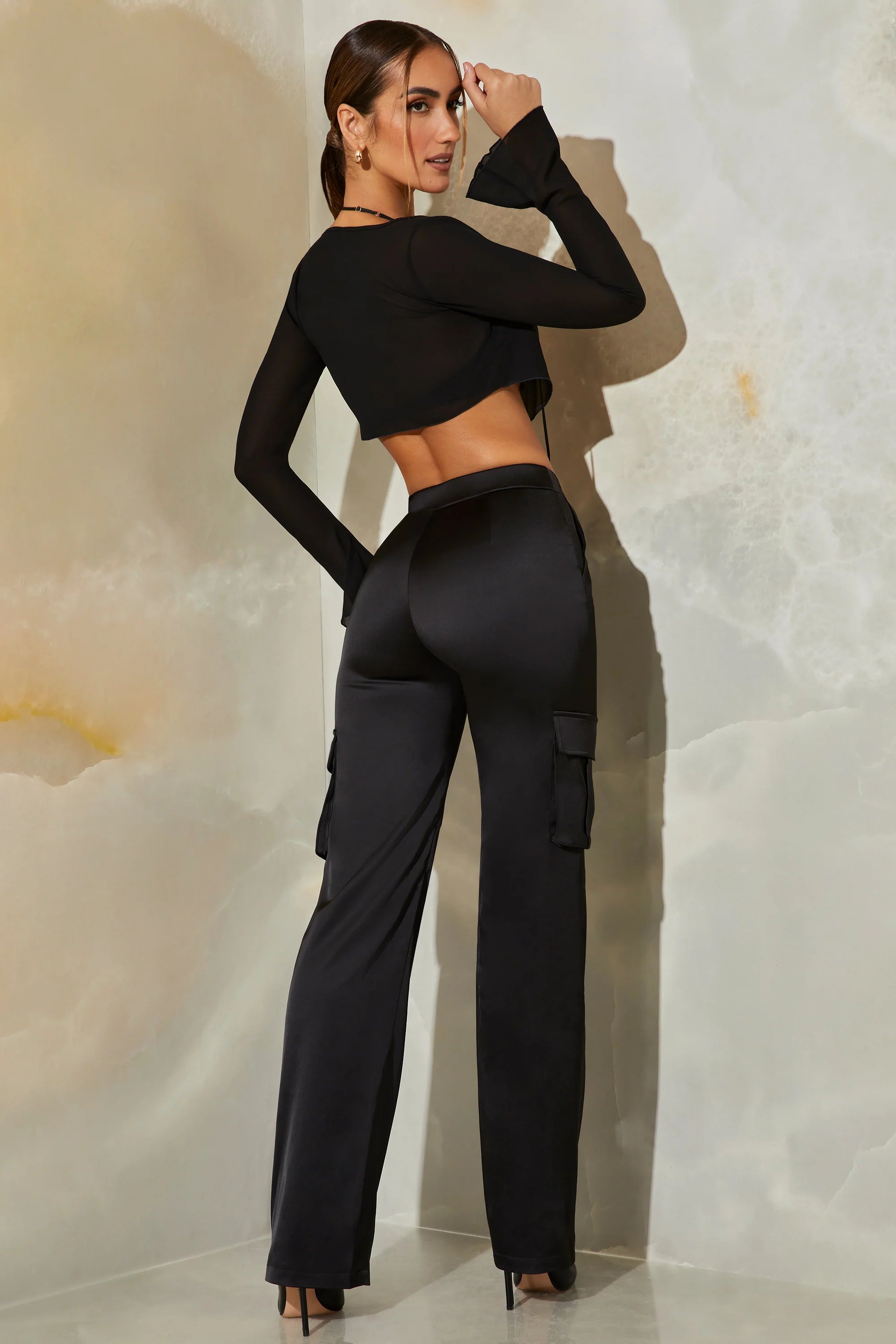 Satin Straight Leg Cargo Trousers in Black