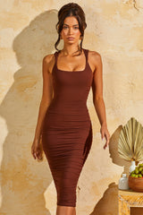 Twist Strap Mesh Midi Dress in Brown