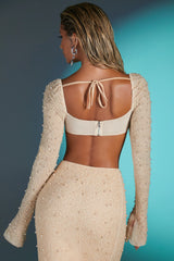 Embellished Cowl Neck Crop Top in Sand