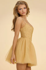 Mini abito con gonna in tulle con corsetto decorato in oro