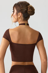 Mesh Cap Sleeve Cut Out Crop Top in Espresso