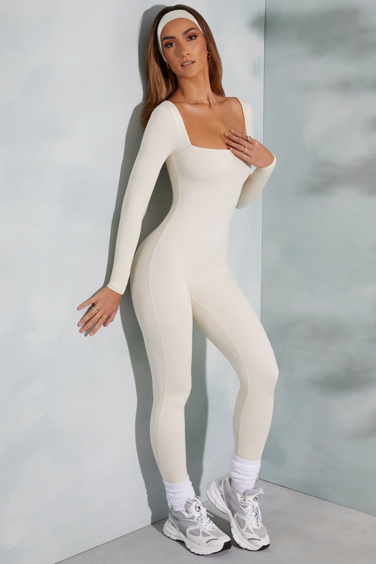 Square Neck Long Sleeve Jumpsuit in Ivory