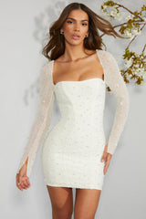 Long Sleeve Embellished Corset Mini Dress in Ivory