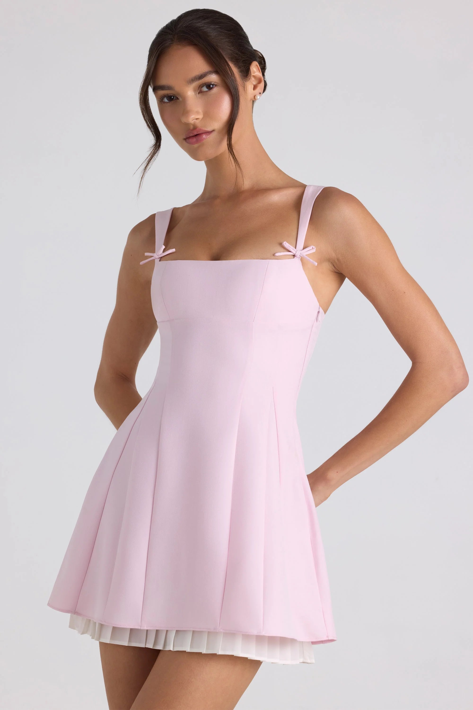 Bow-Embellished Pleated A-Line Mini Dress in Soft Pink