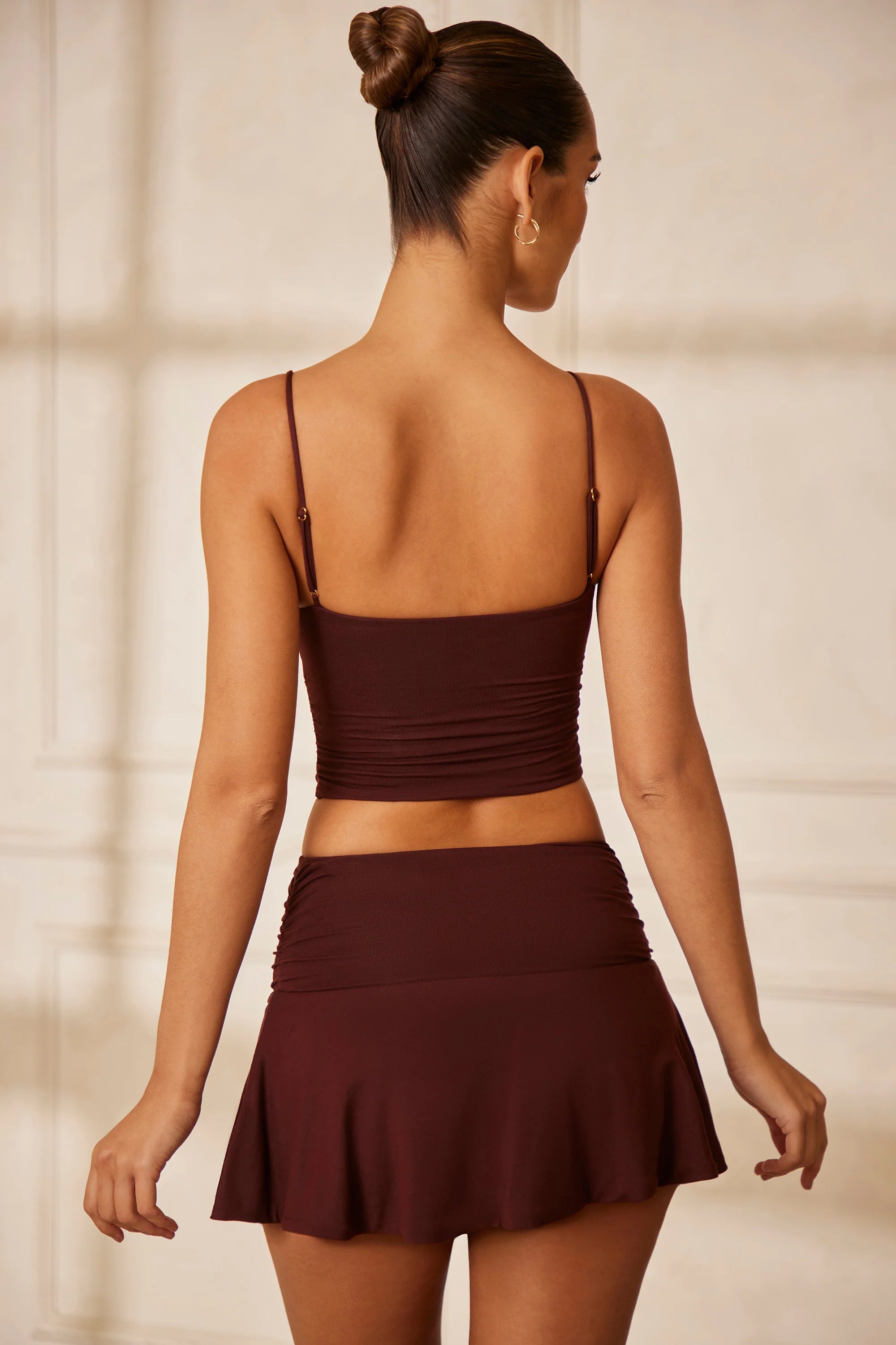 V Neck Ruched Crop Top in Brown