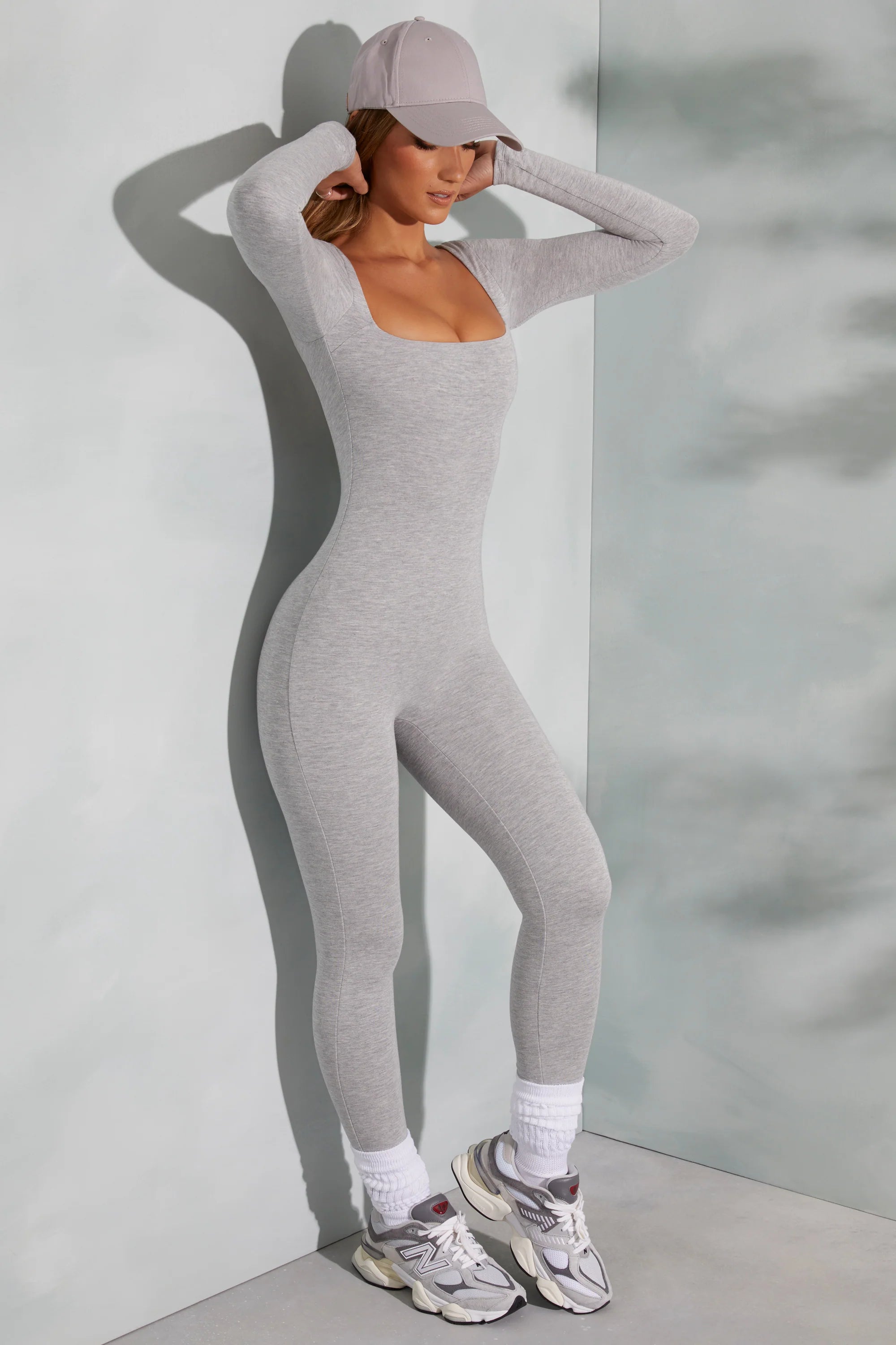 Square Neck Long Sleeve Jumpsuit in Marled Grey