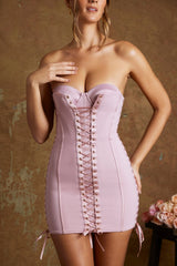 Lace Up Corset Bandeau Micro Mini Dress in Mauve