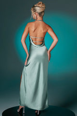 Halter Neck Cowl Back Maxi Dress in Steel Blue