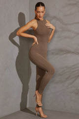 Petite Racer Neck Jumpsuit in Taupe