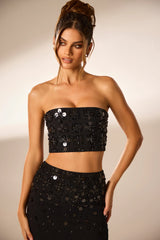 Von Hand verziertes Bandeau-Korsett-Crop-Top in Schwarz