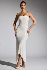 Embellished Handkerchief Hem Maxi Dress in White