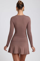 Modal Ruched Crew-Neck Mini Dress in Taupe