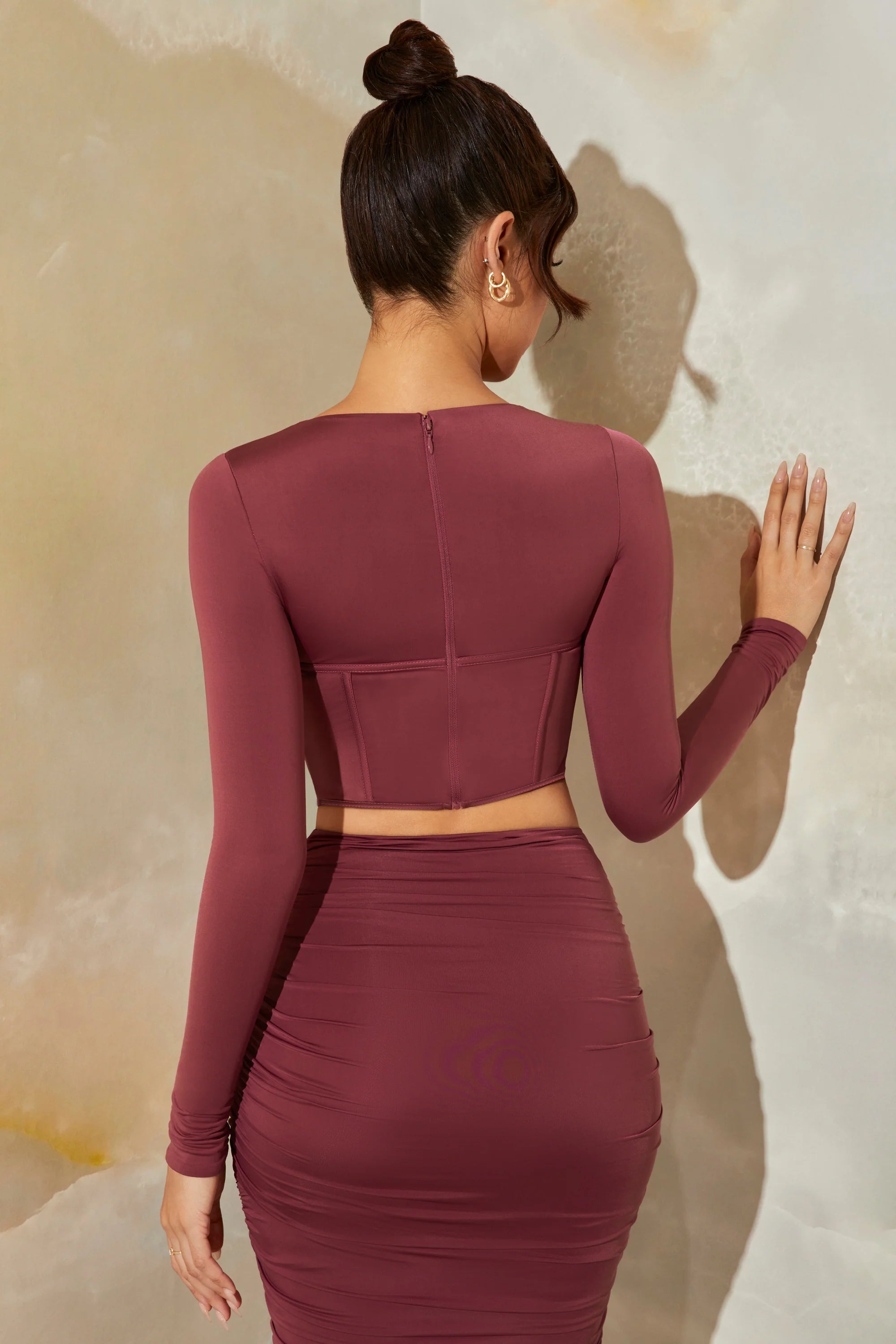 Long Sleeve Corset Crop Top in Dark Mauve