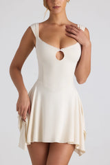 Modal Asymmetric Lace-Trim A-Line Mini Dress in Ivory