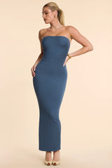 Strapless Ruched Modal Cashmere Blend Maxi Dress in French Navy